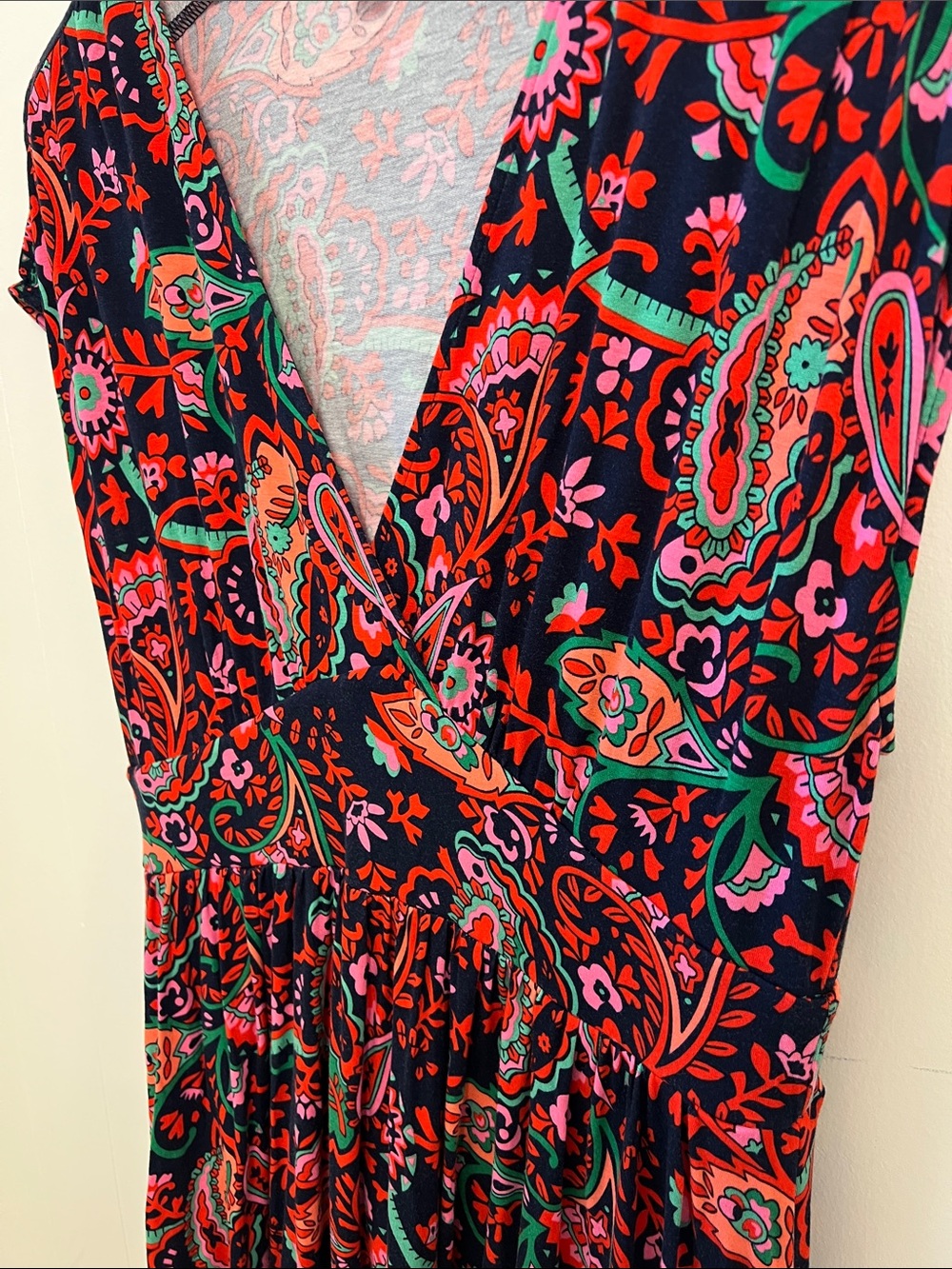Boden Vanessa Navy Exotic Paisley D0867 Faux Wrap Jersey Knit Midi Dress US 10 - Picture 4 of 13